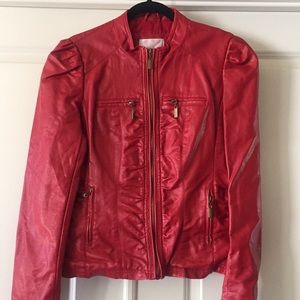 NWOT Red Faux Leather Jacket w/gold Zippers